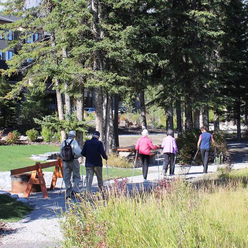 A group of seniors walk along a path at Origin at Spring Creek to stay active in retirement living.